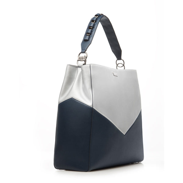 metallic silver/navy anti-theft handbag