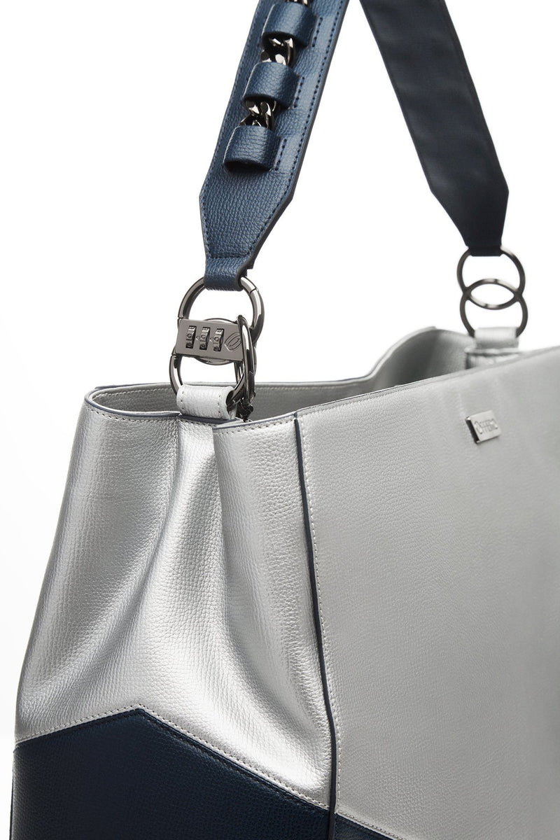 metallic silver/navy anti-theft handbag
